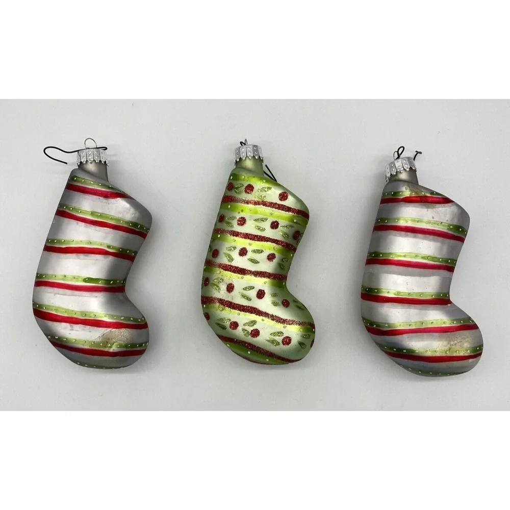 Vintage Blown Glass Christmas Stocking Ornaments Red Green Silver Set of 3